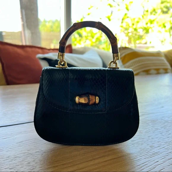 Gucci | Vintage 1947 Bamboo Mini Black Python Crossbody Two Way Chain Bag - Picture 5 of 17